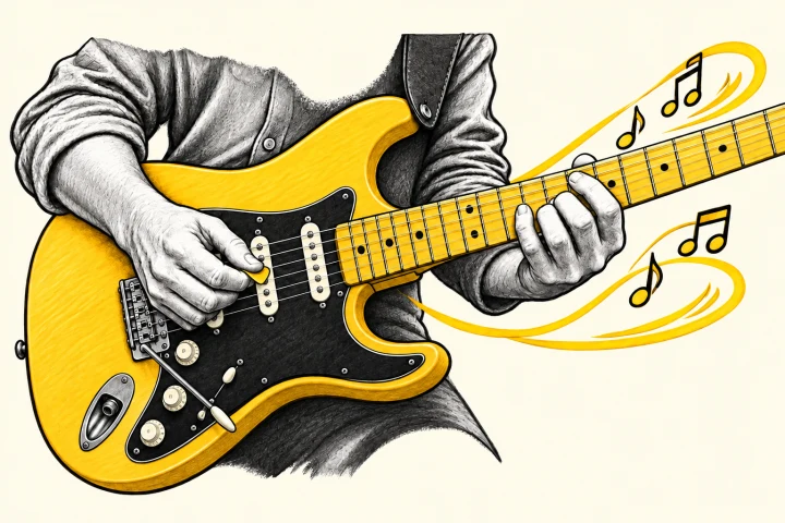 Illustrazione di una chitarra e del percorso dalle note al fraseggio